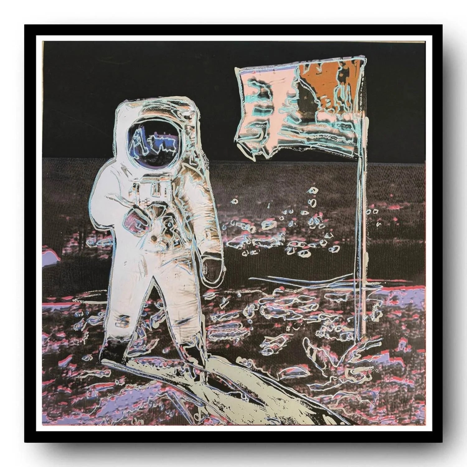 Framed artwork of an astronaut on the moon with a flag, against a black background.